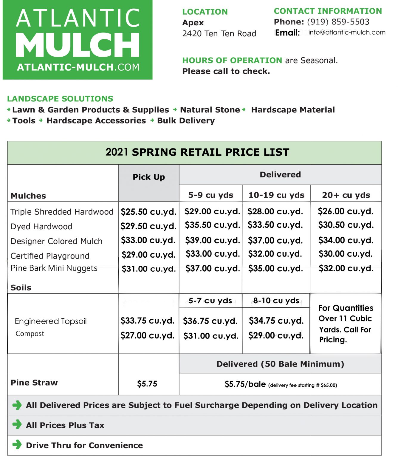 Retail Mulch and Soil Price List Atlantic Mulch